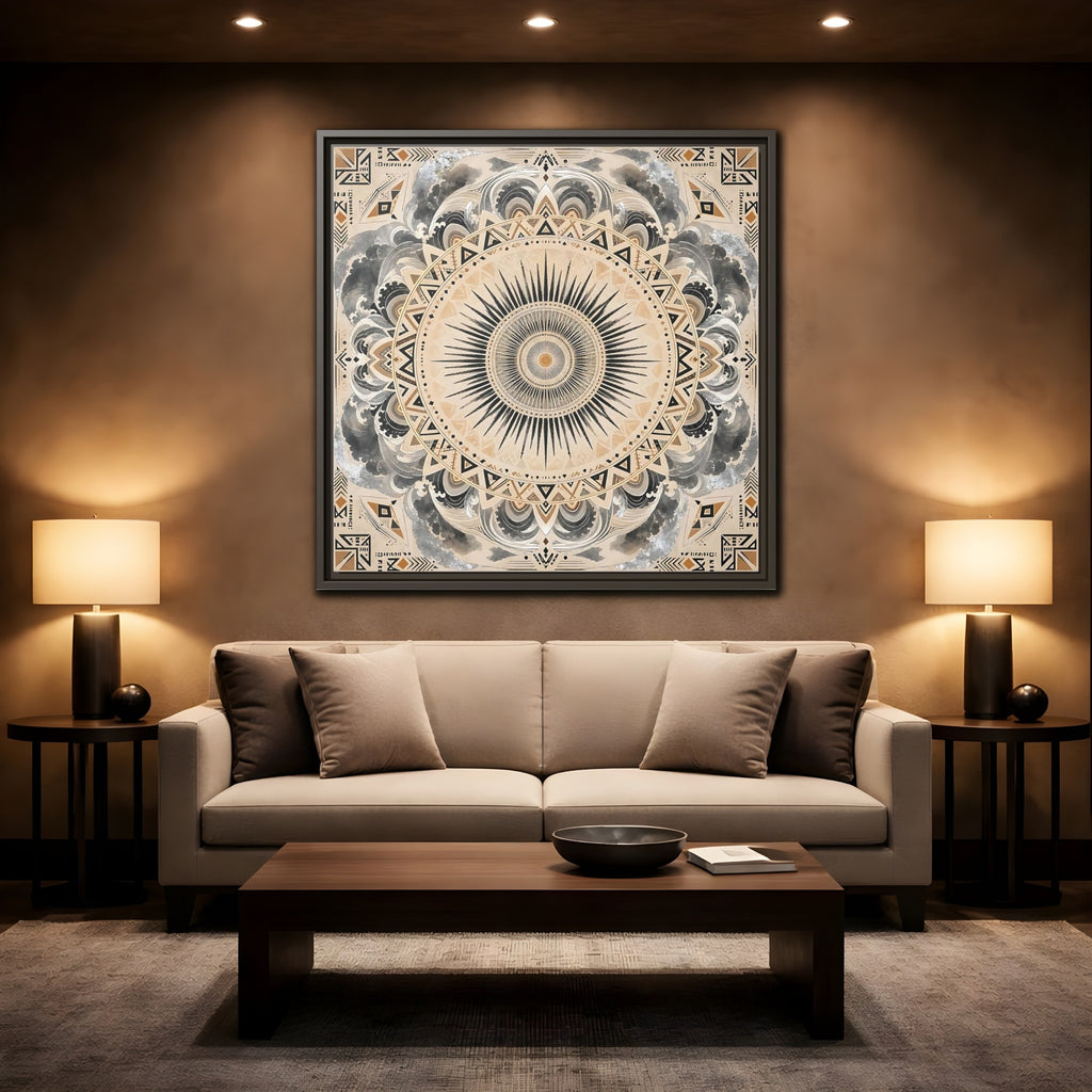 Mockup 2. Abstract Sunburst Mandala Black Gold Mandala shown as stretched canvas wall art