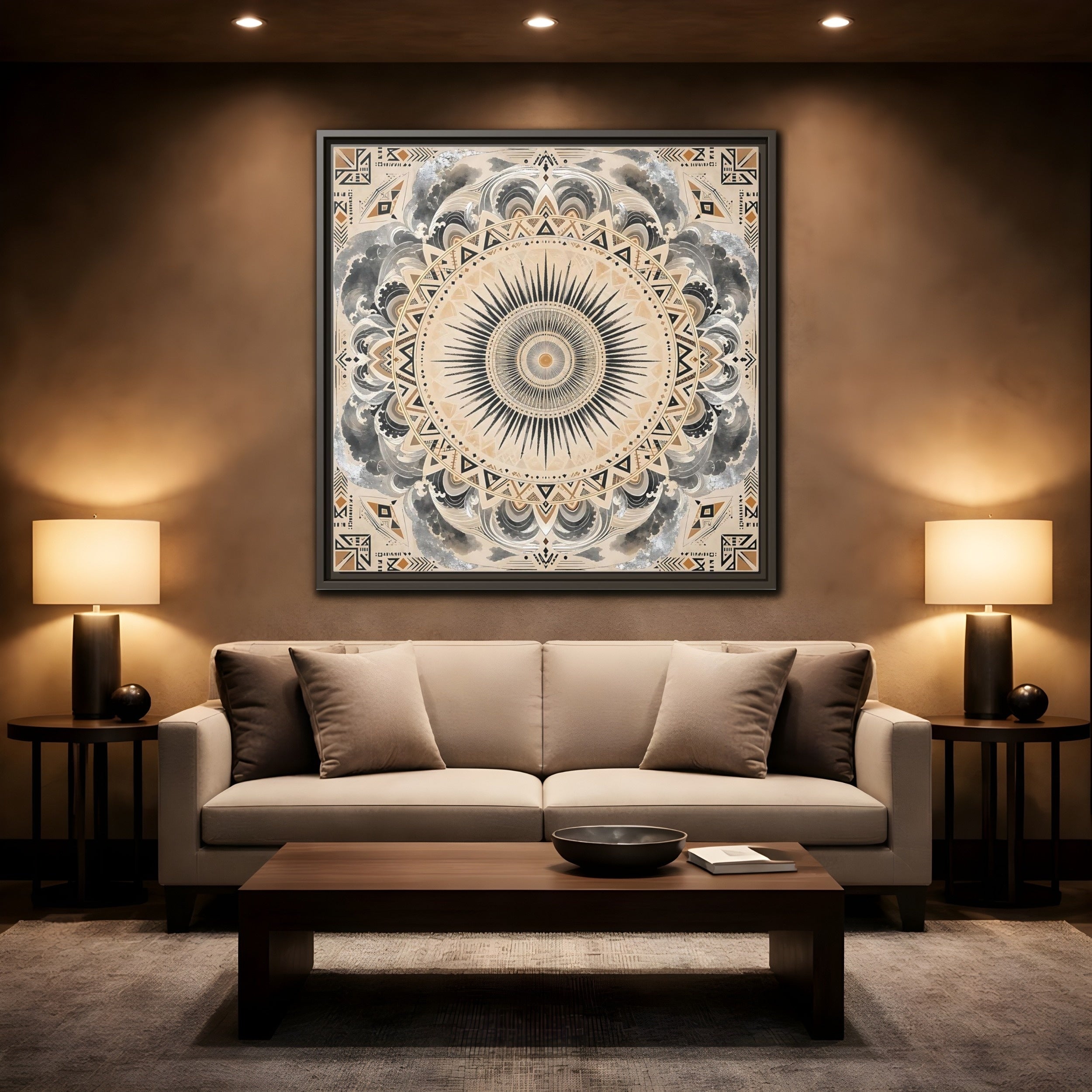 Mockup 2. Abstract Sunburst Mandala Black Gold Mandala shown as stretched canvas wall art