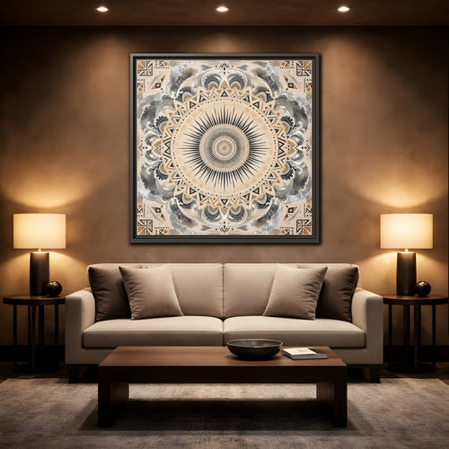 Mockup 2. Abstract Sunburst Mandala Black Gold Mandala shown as stretched canvas wall art