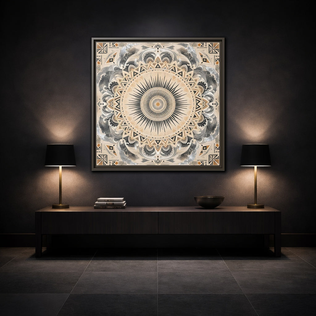 Mockup 3. Abstract Sunburst Mandala Black Gold Mandala shown as stretched canvas wall art