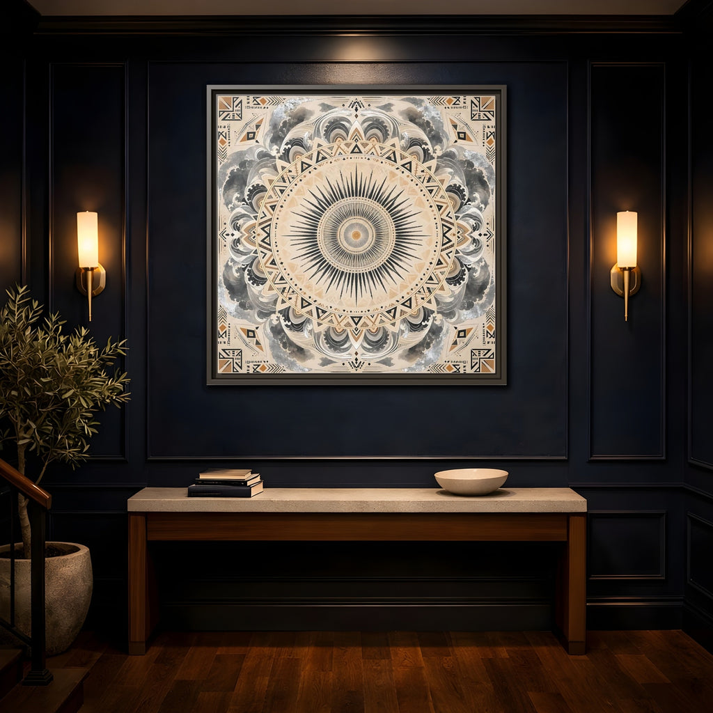 Mockup 4. Abstract Sunburst Mandala Black Gold Mandala shown as stretched canvas wall art