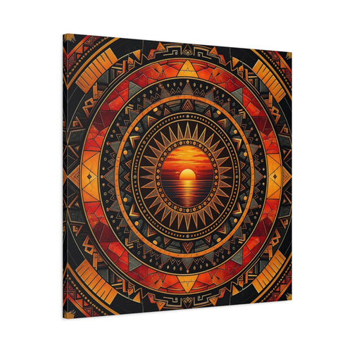 Main Mockup. Abstract Sunset Orange Black Geometric shown as stretched canvas wall art