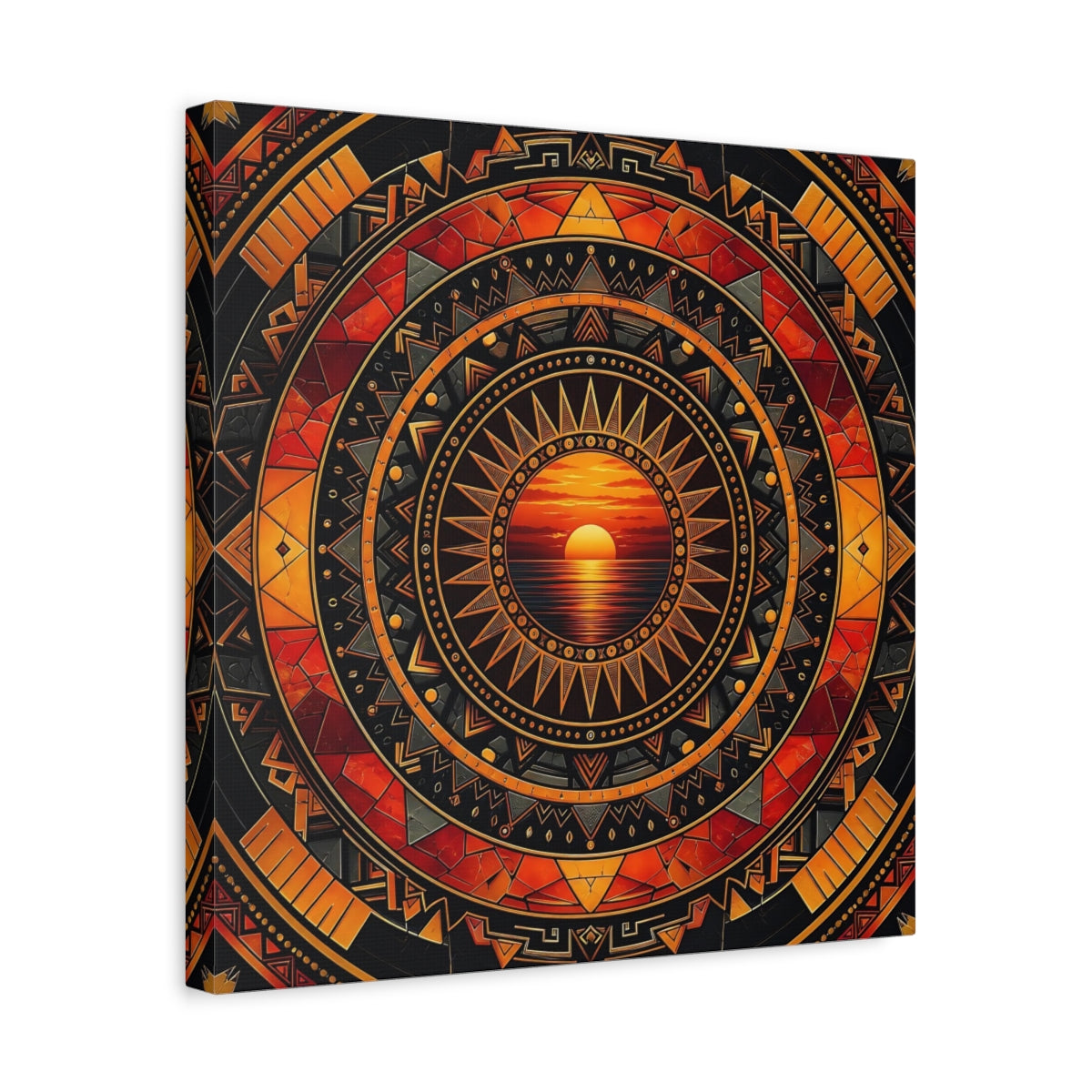 Side Mockup 6. Abstract Sunset Orange Black Geometric shown as stretched canvas wall art