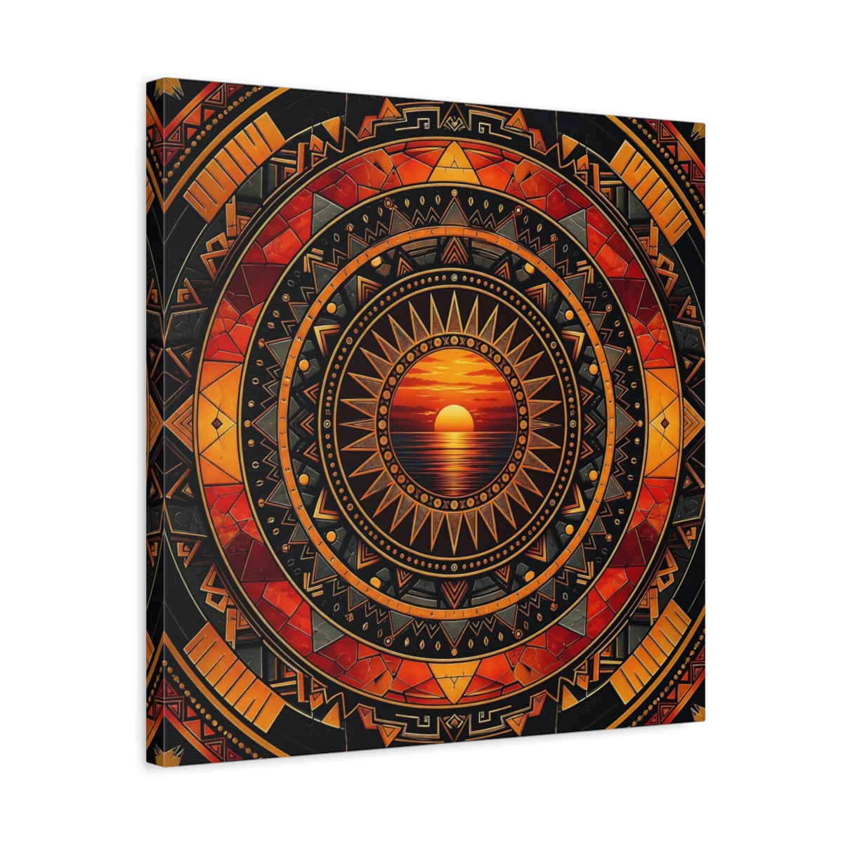 Side Mockup 5. Abstract Sunset Orange Black Geometric shown as stretched canvas wall art
