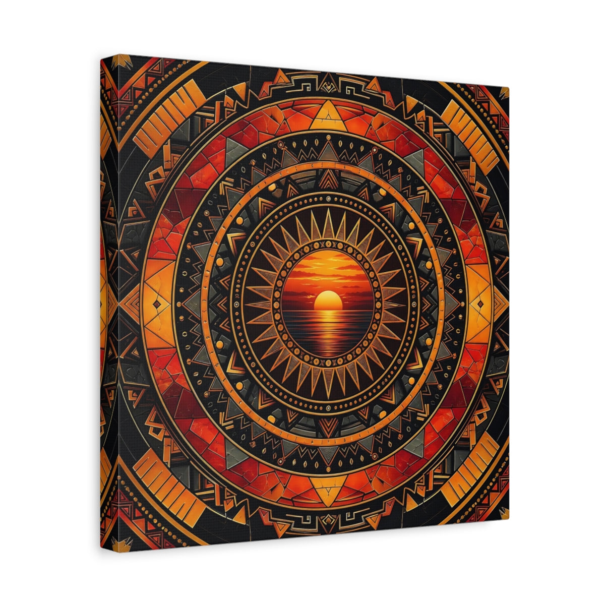 Side Mockup 7. Abstract Sunset Orange Black Geometric shown as stretched canvas wall art