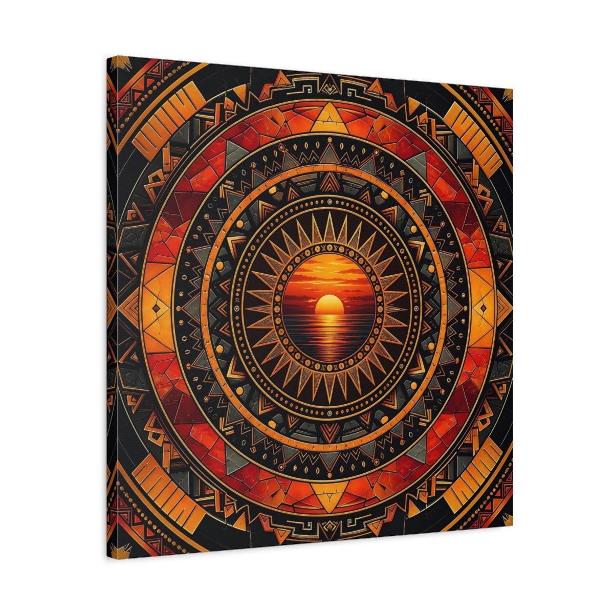 Side Mockup 4. Abstract Sunset Orange Black Geometric shown as stretched canvas wall art