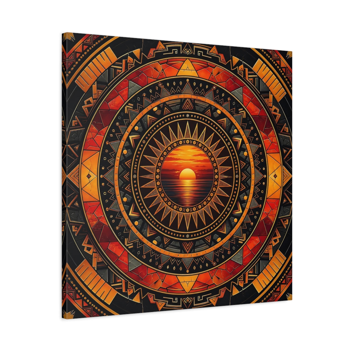 Side Mockup 3. Abstract Sunset Orange Black Geometric shown as stretched canvas wall art