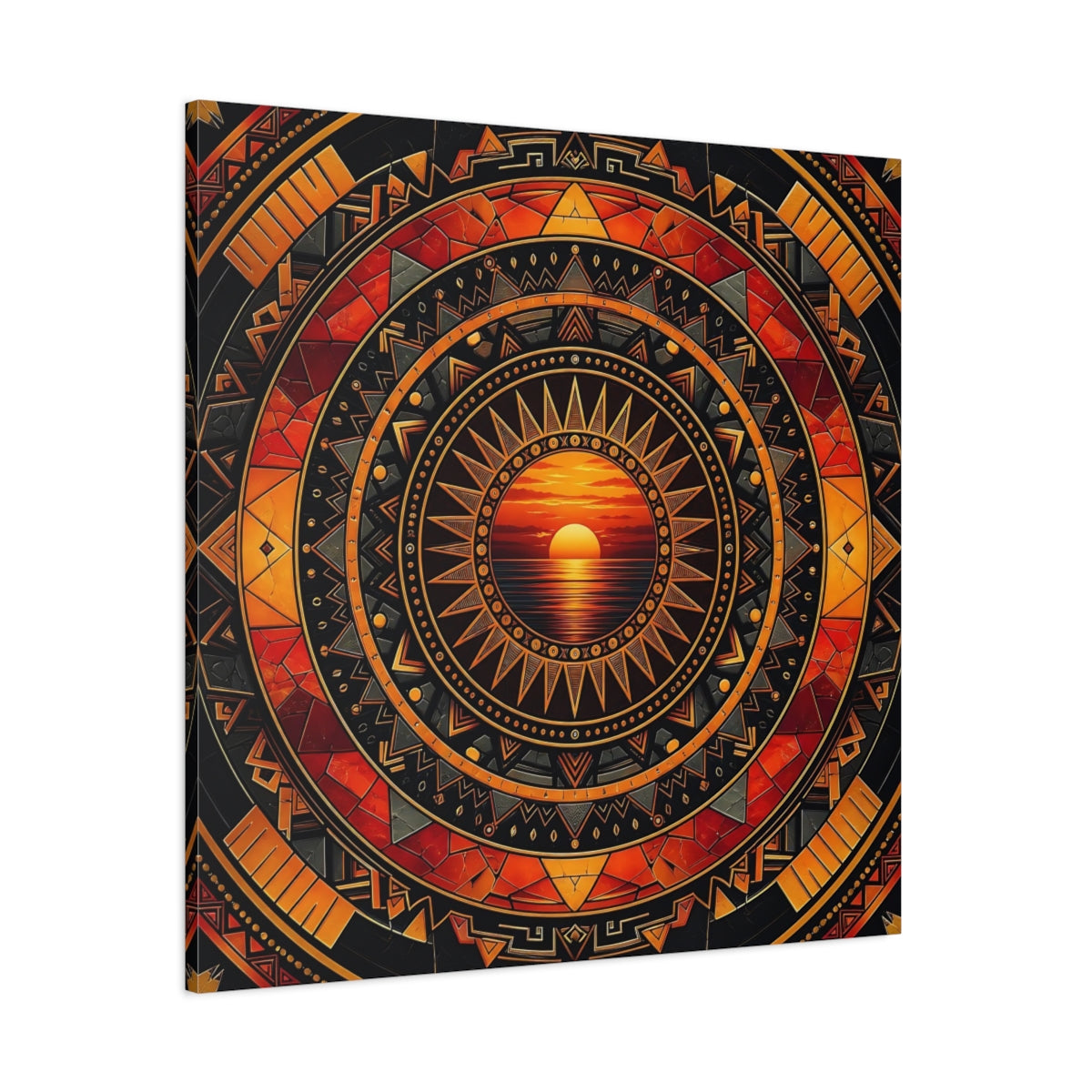Side Mockup 1. Abstract Sunset Orange Black Geometric shown as stretched canvas wall art