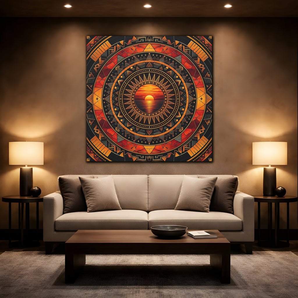 Mockup 2. Abstract Sunset Orange Black Geometric shown as stretched canvas wall art