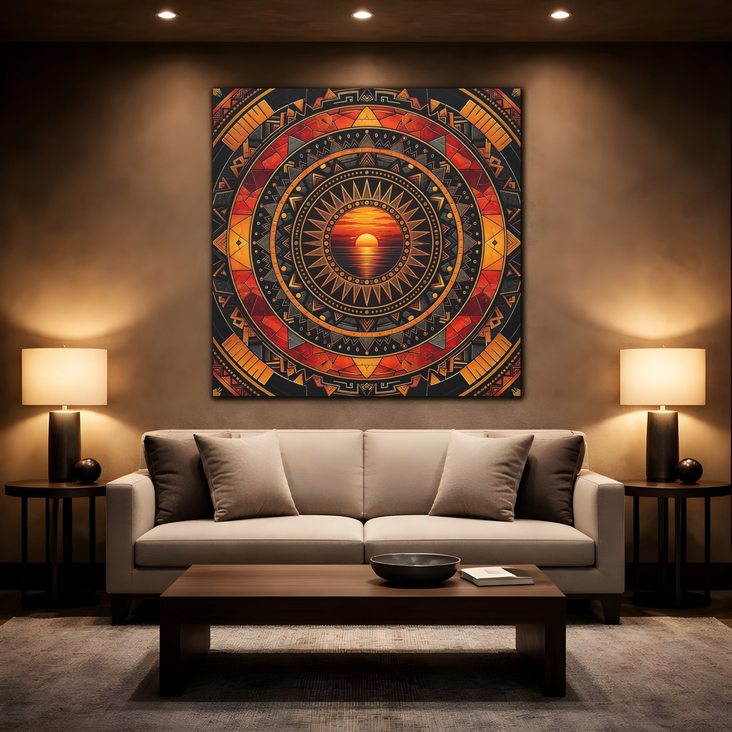 Mockup 2. Abstract Sunset Orange Black Geometric shown as stretched canvas wall art