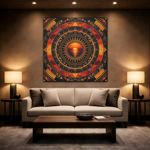 Mockup 2. Abstract Sunset Orange Black Geometric shown as stretched canvas wall art
