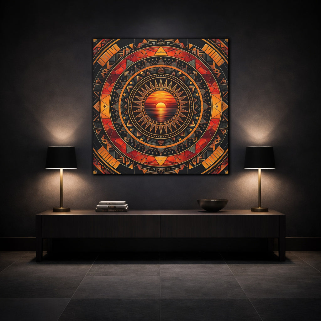 Mockup 3. Abstract Sunset Orange Black Geometric shown as stretched canvas wall art