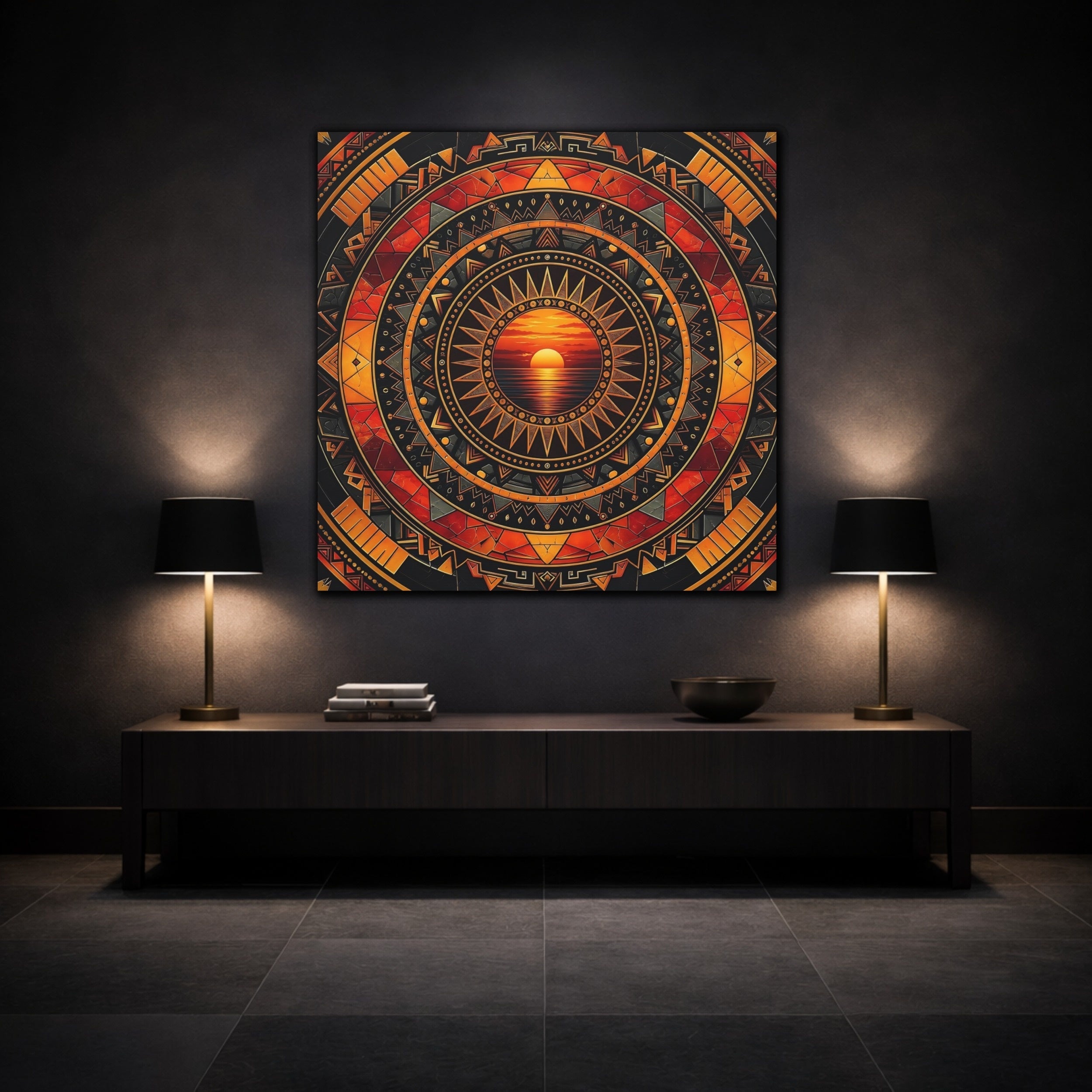 Mockup 3. Abstract Sunset Orange Black Geometric shown as stretched canvas wall art
