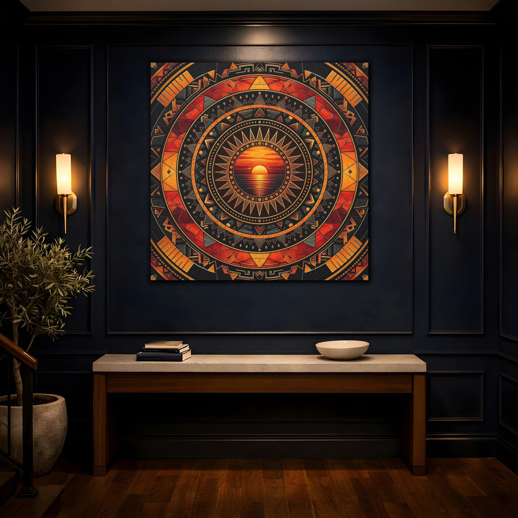 Mockup 4. Abstract Sunset Orange Black Geometric shown as stretched canvas wall art