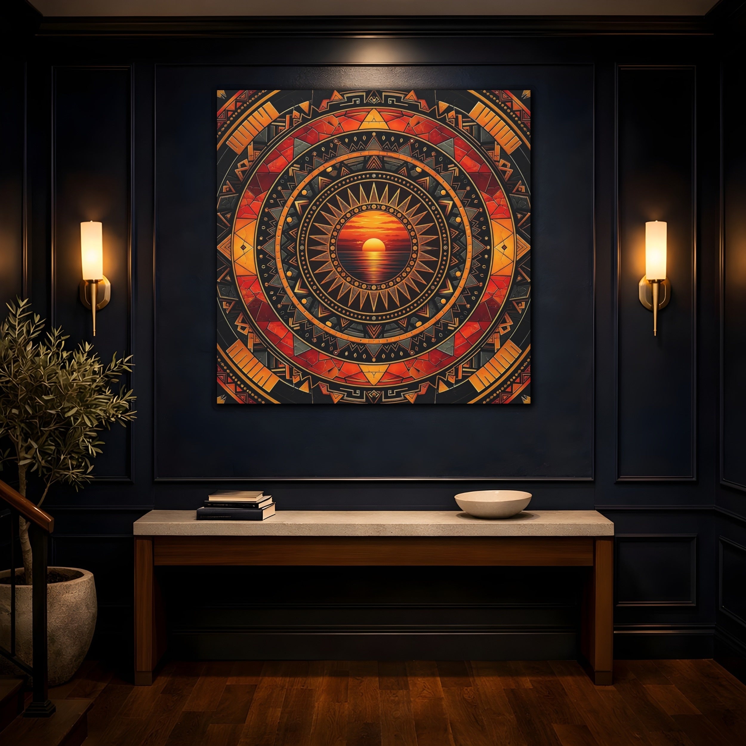 Mockup 4. Abstract Sunset Orange Black Geometric shown as stretched canvas wall art