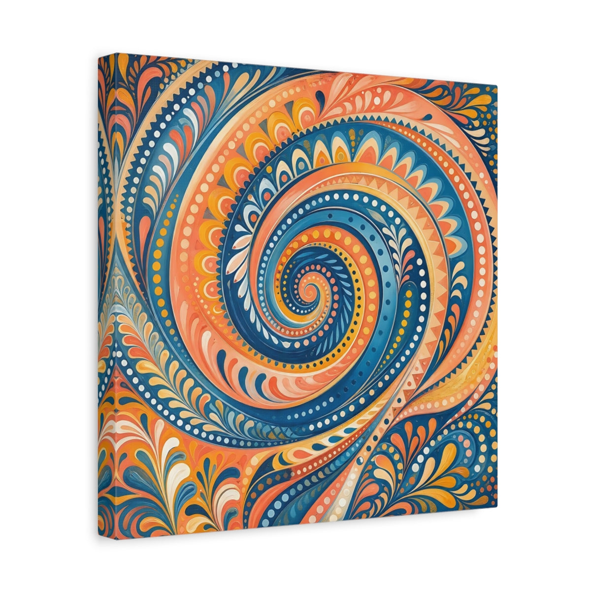 Side Mockup 7. Abstract Swirl Pattern Blue Orange Swirl shown as stretched canvas wall art