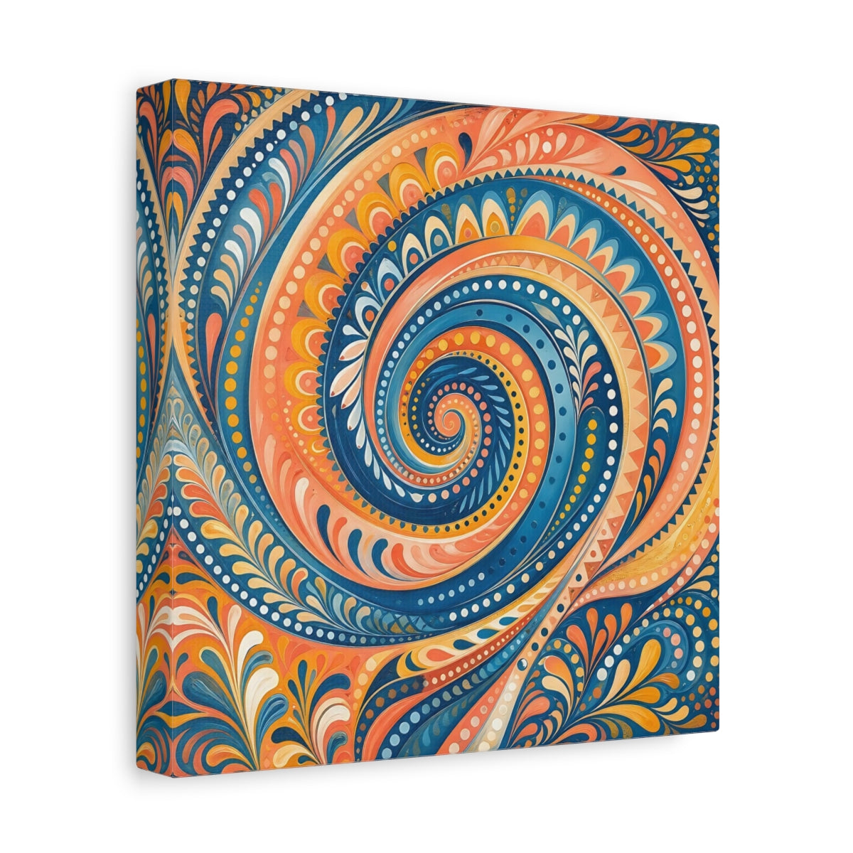 Side Mockup 9. Abstract Swirl Pattern Blue Orange Swirl shown as stretched canvas wall art