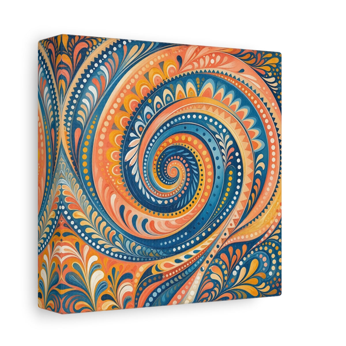Side Mockup 2. Abstract Swirl Pattern Blue Orange Swirl shown as stretched canvas wall art