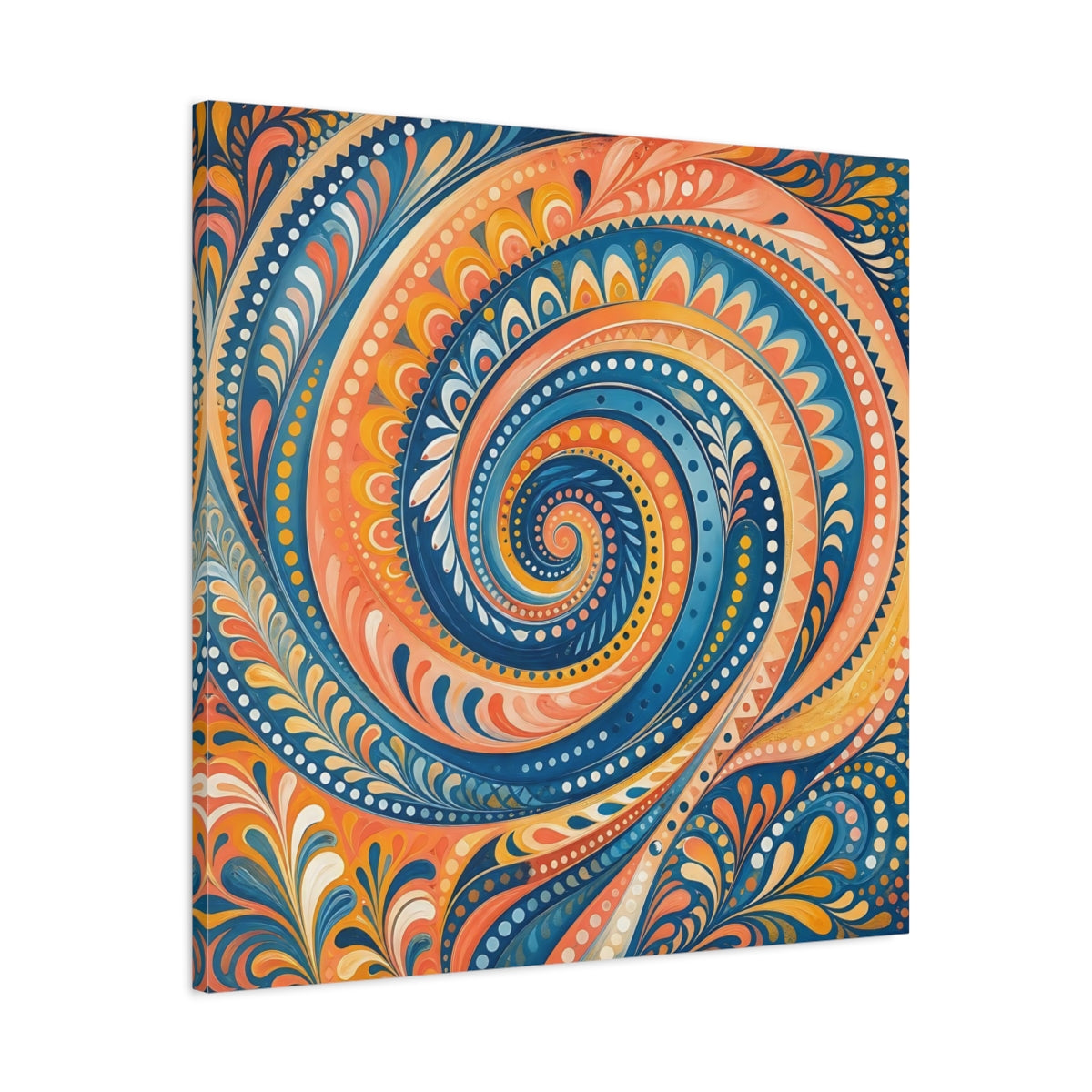 Side Mockup 3. Abstract Swirl Pattern Blue Orange Swirl shown as stretched canvas wall art