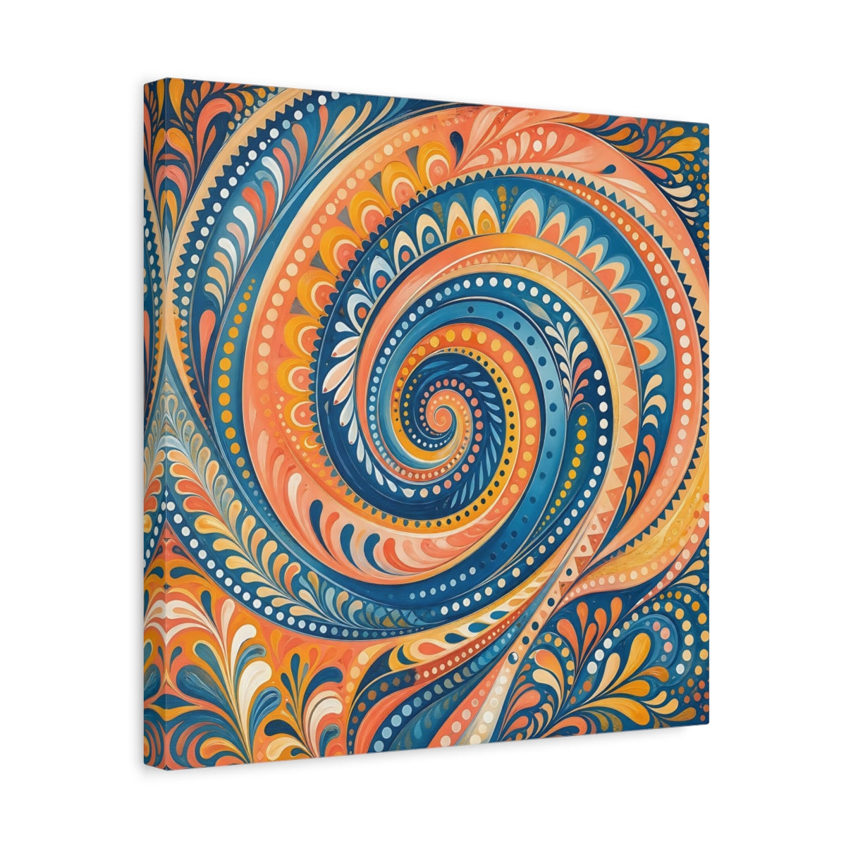 Side Mockup 6. Abstract Swirl Pattern Blue Orange Swirl shown as stretched canvas wall art