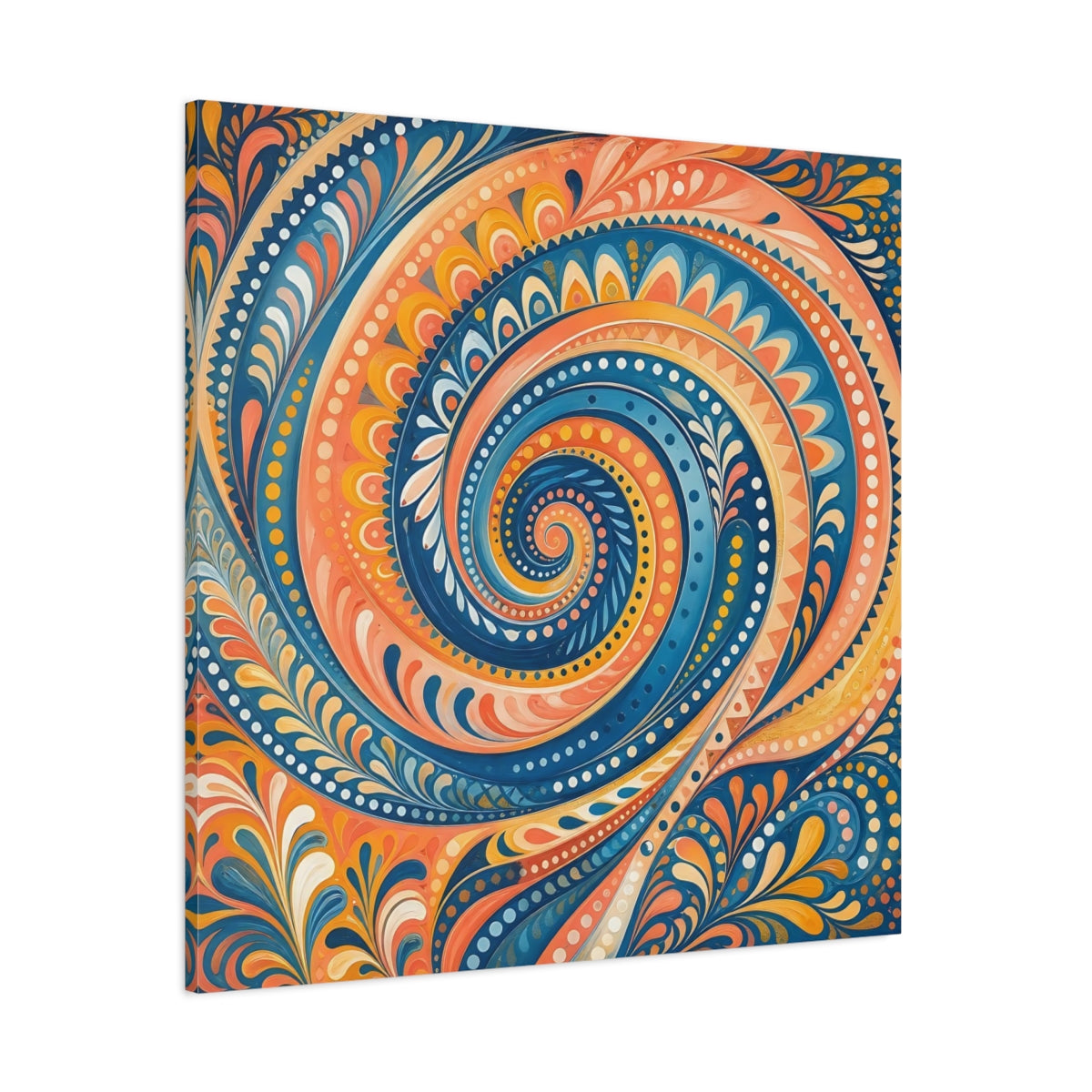 Side Mockup 1. Abstract Swirl Pattern Blue Orange Swirl shown as stretched canvas wall art