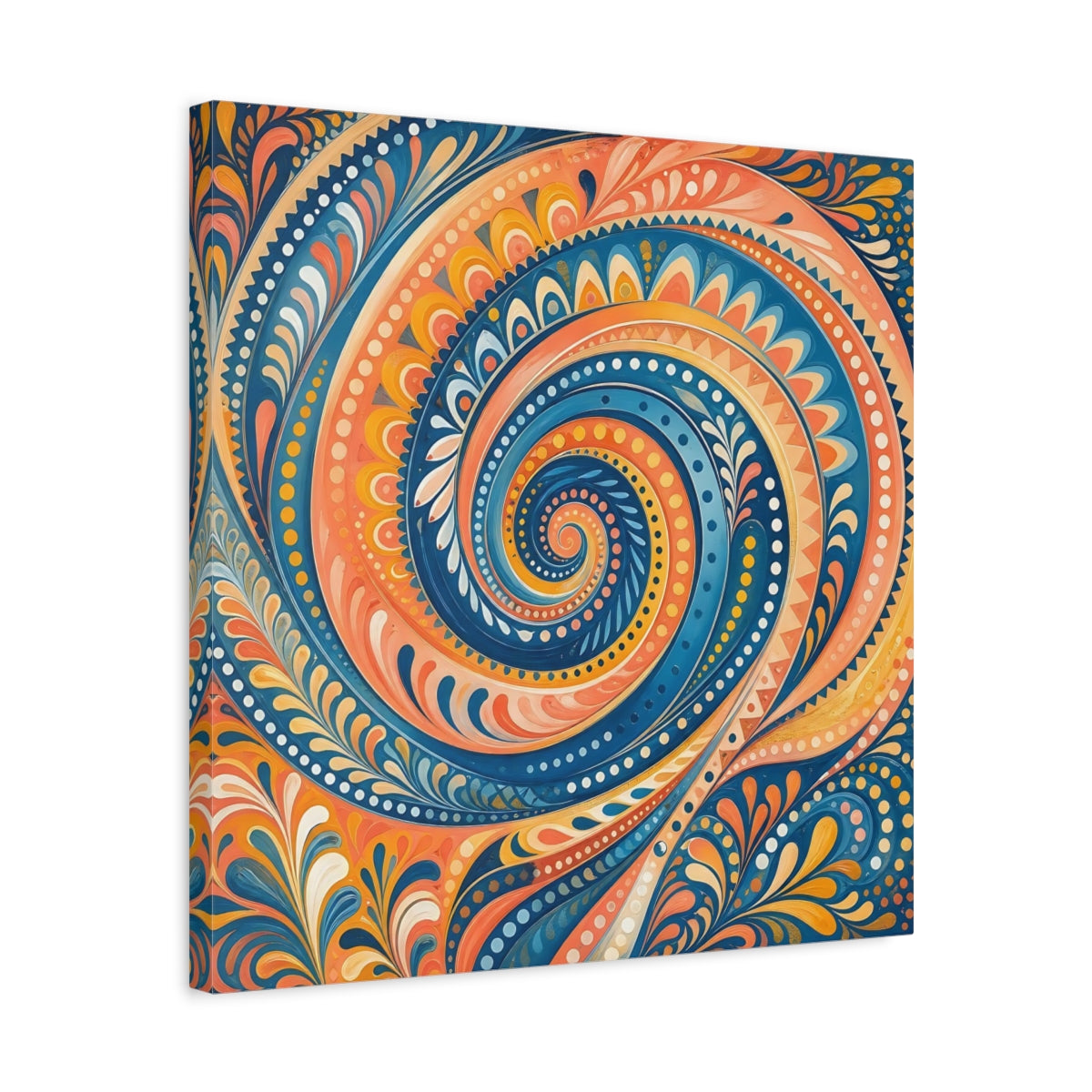 Side Mockup 5. Abstract Swirl Pattern Blue Orange Swirl shown as stretched canvas wall art