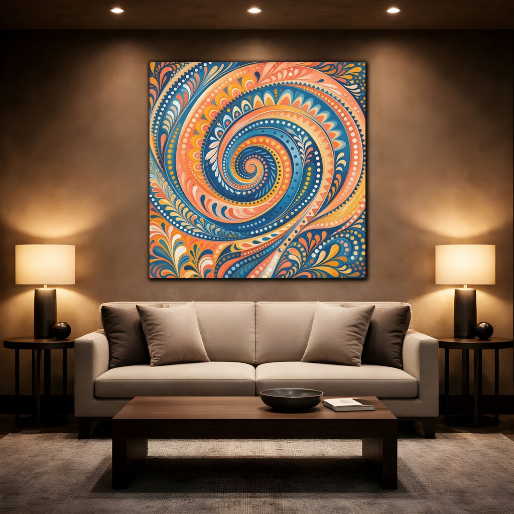 Mockup 2. Abstract Swirl Pattern Blue Orange Swirl shown as stretched canvas wall art