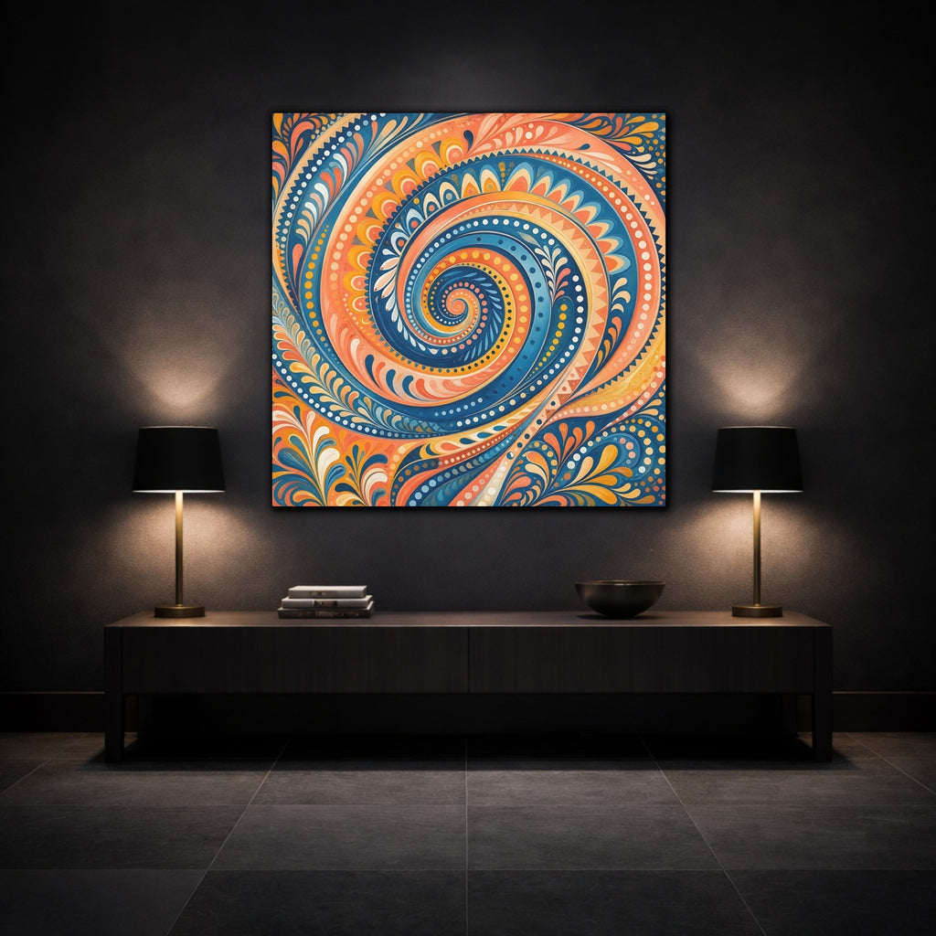 Mockup 3. Abstract Swirl Pattern Blue Orange Swirl shown as stretched canvas wall art