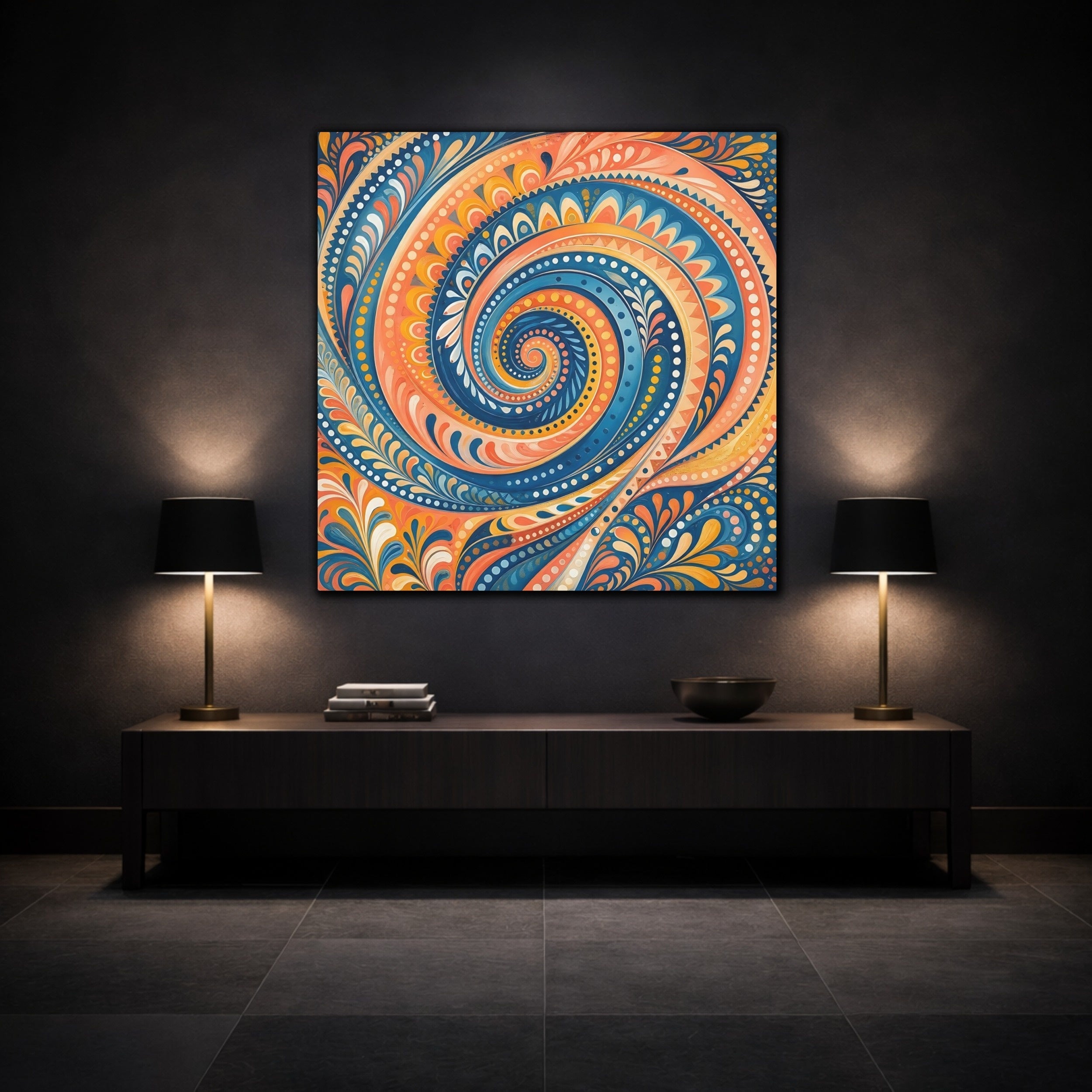 Mockup 3. Abstract Swirl Pattern Blue Orange Swirl shown as stretched canvas wall art