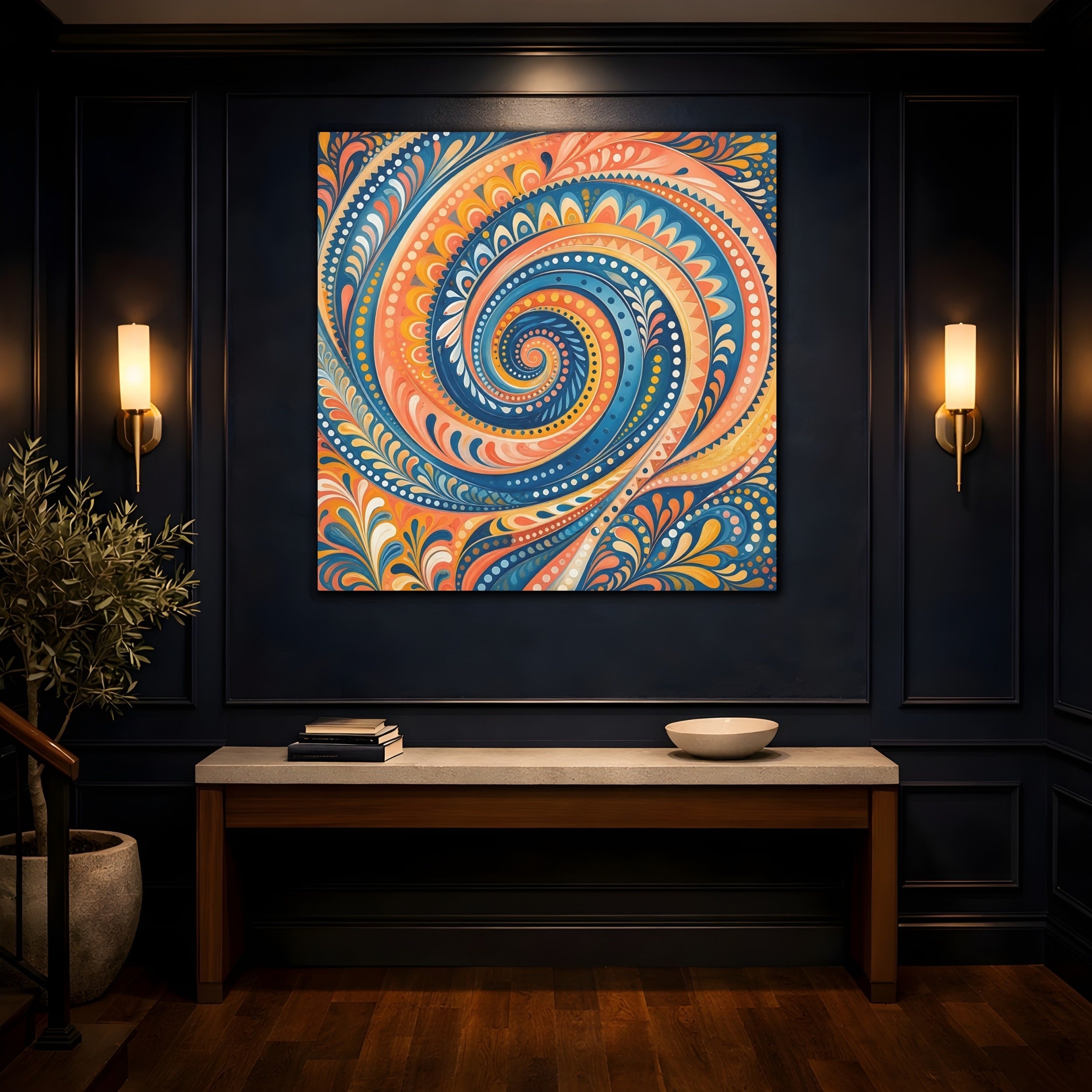 Mockup 4. Abstract Swirl Pattern Blue Orange Swirl shown as stretched canvas wall art