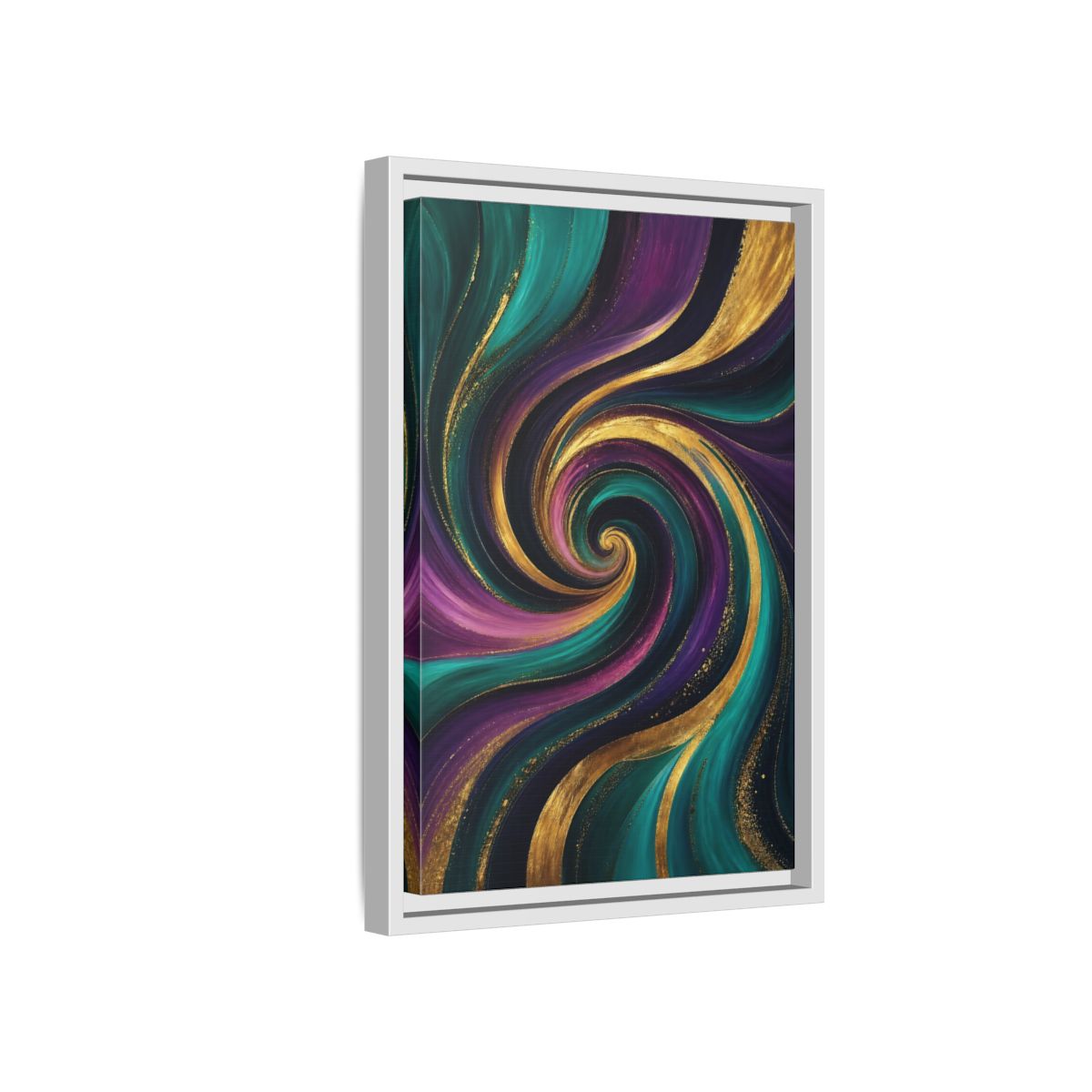 Side Mockup 4. Abstract Abstract Swirl Teal Purple Gold Swirl shown as stretched canvas wall art