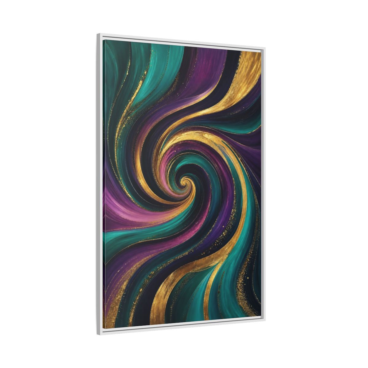 Side Mockup 7. Abstract Abstract Swirl Teal Purple Gold Swirl shown as stretched canvas wall art