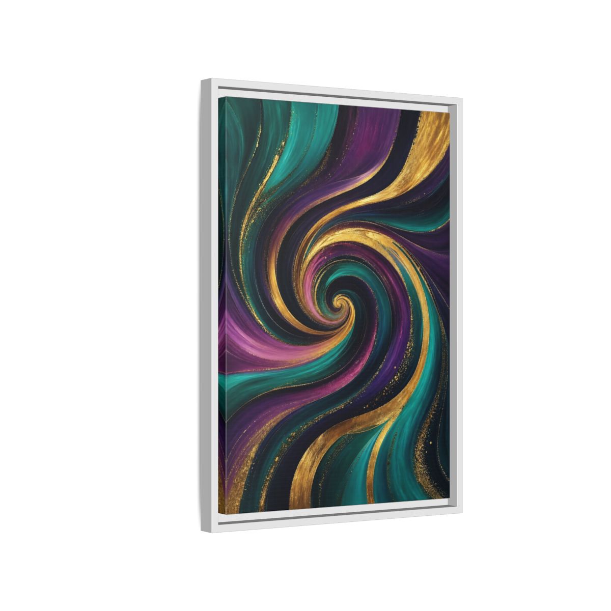 Side Mockup 1. Abstract Abstract Swirl Teal Purple Gold Swirl shown as stretched canvas wall art