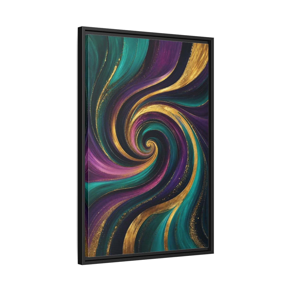 Side Mockup 14. Abstract Abstract Swirl Teal Purple Gold Swirl shown as stretched canvas wall art