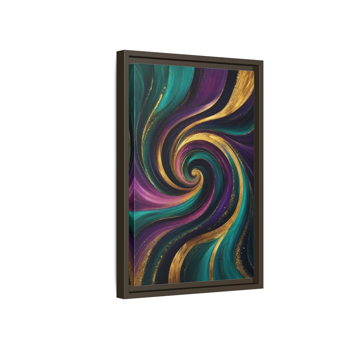 Side Mockup 5. Abstract Abstract Swirl Teal Purple Gold Swirl shown as stretched canvas wall art