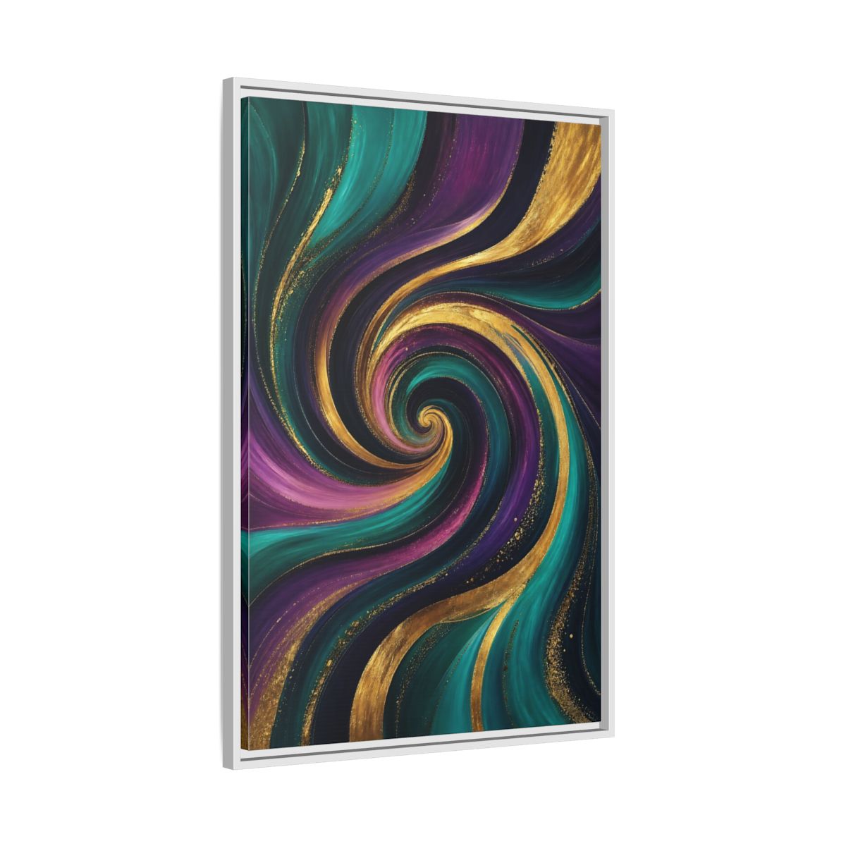 Side Mockup 9. Abstract Abstract Swirl Teal Purple Gold Swirl shown as stretched canvas wall art