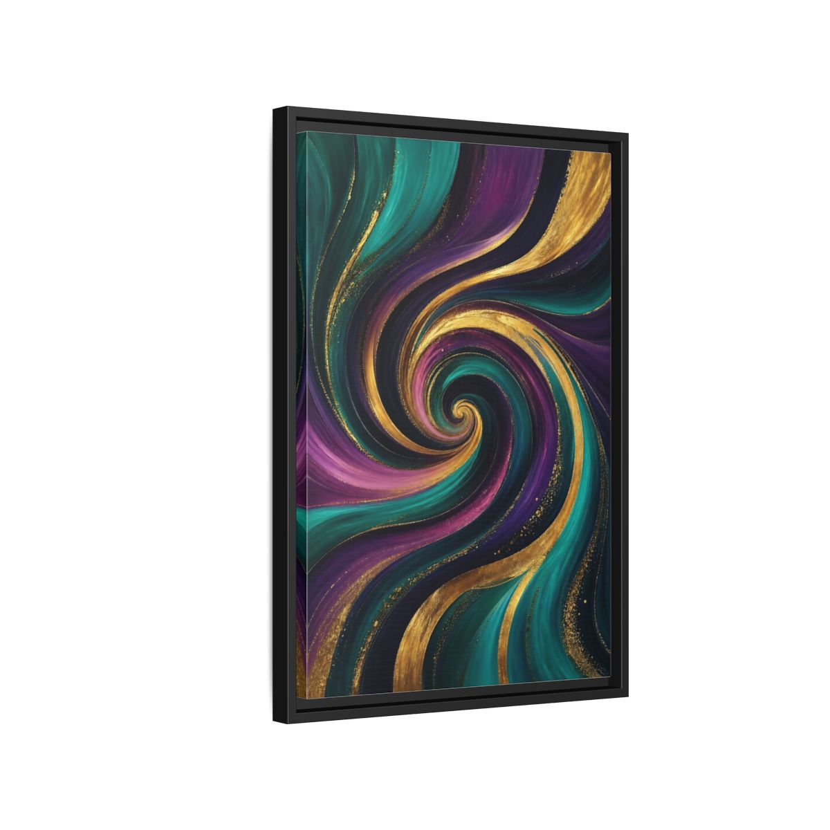 Side Mockup 3. Abstract Abstract Swirl Teal Purple Gold Swirl shown as stretched canvas wall art