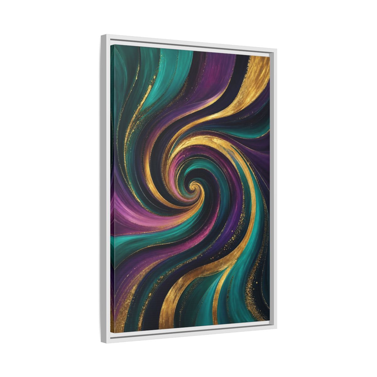 Side Mockup 10. Abstract Abstract Swirl Teal Purple Gold Swirl shown as stretched canvas wall art