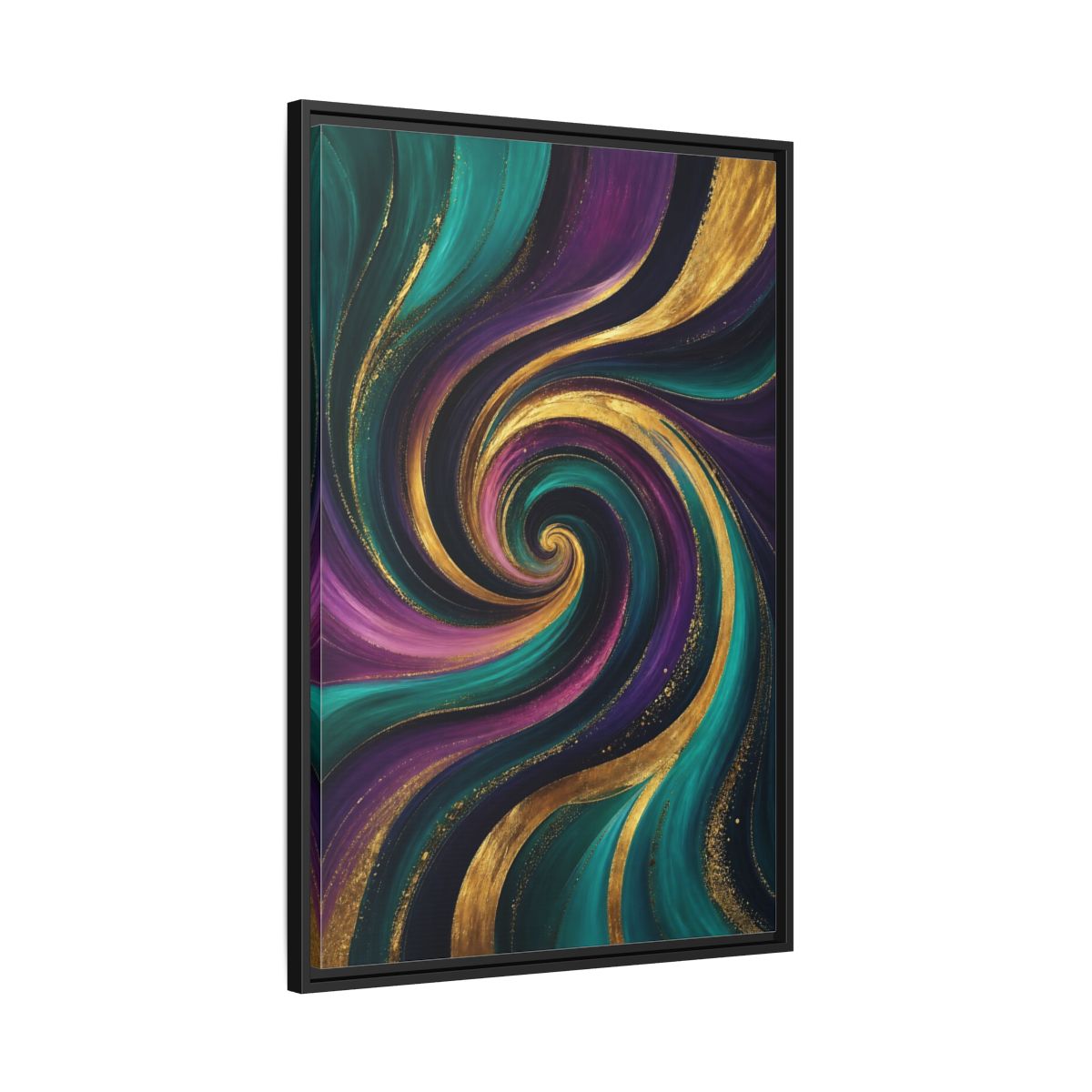 Side Mockup 13. Abstract Abstract Swirl Teal Purple Gold Swirl shown as stretched canvas wall art
