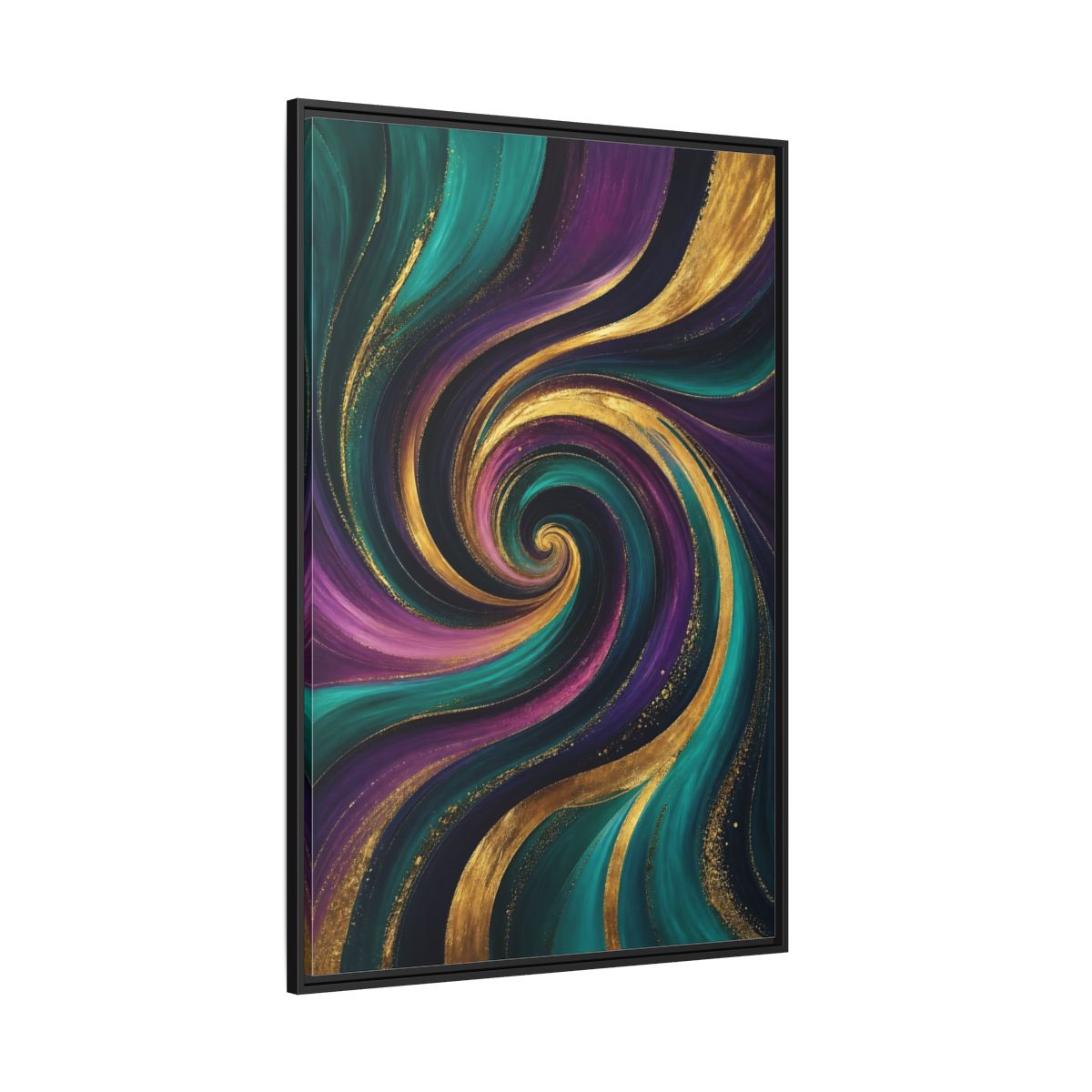 Side Mockup 12. Abstract Abstract Swirl Teal Purple Gold Swirl shown as stretched canvas wall art