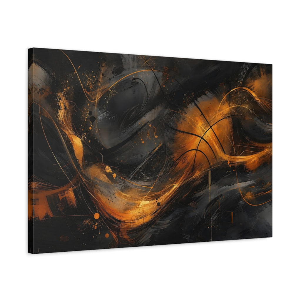 Side Mockup 2. Abstract Abstract Swirls Black And Gold Abstract shown as stretched canvas wall art