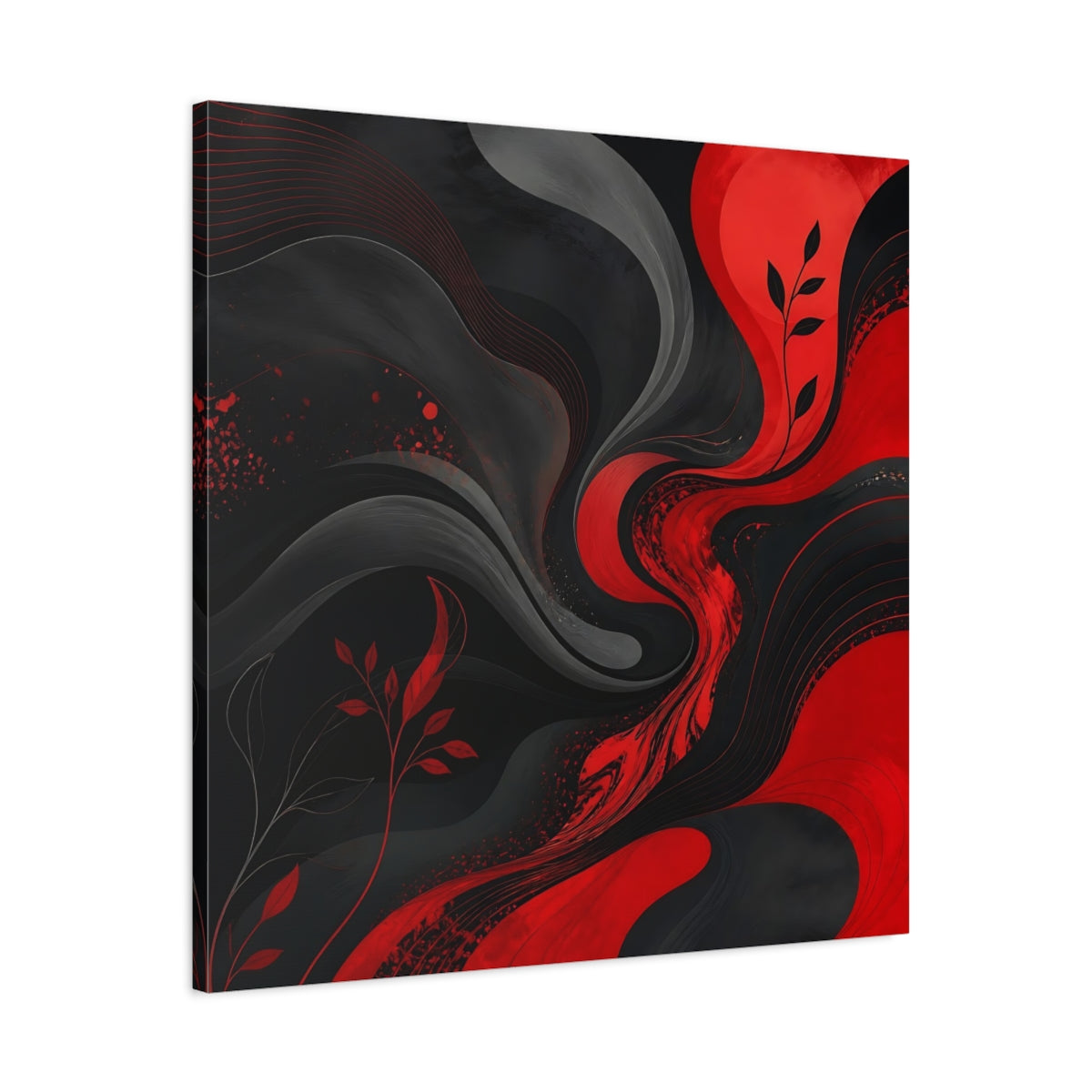 Side Mockup 3. Abstract Abstract Swirls Red Black Abstract shown as stretched canvas wall art