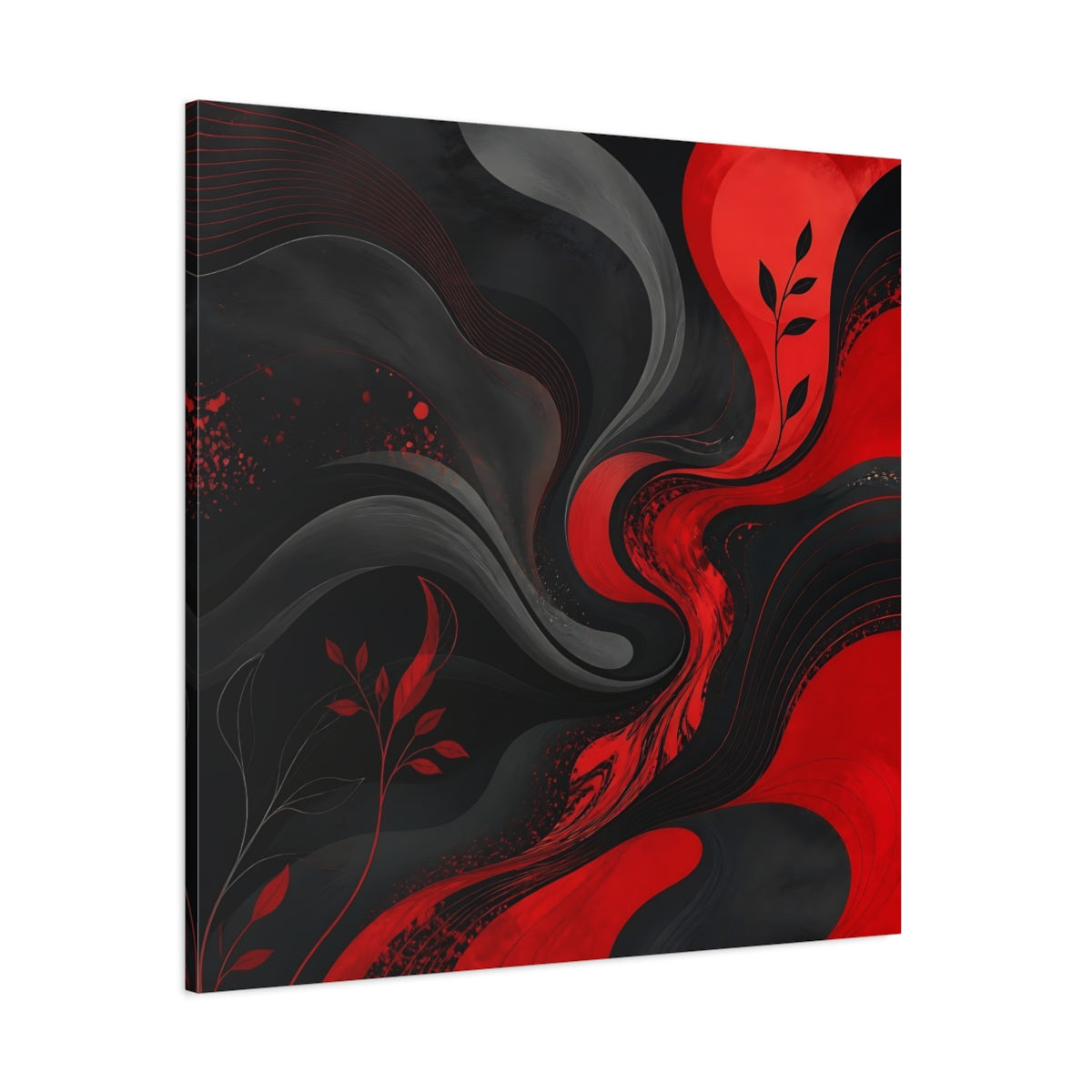 Side Mockup 1. Abstract Abstract Swirls Red Black Abstract shown as stretched canvas wall art
