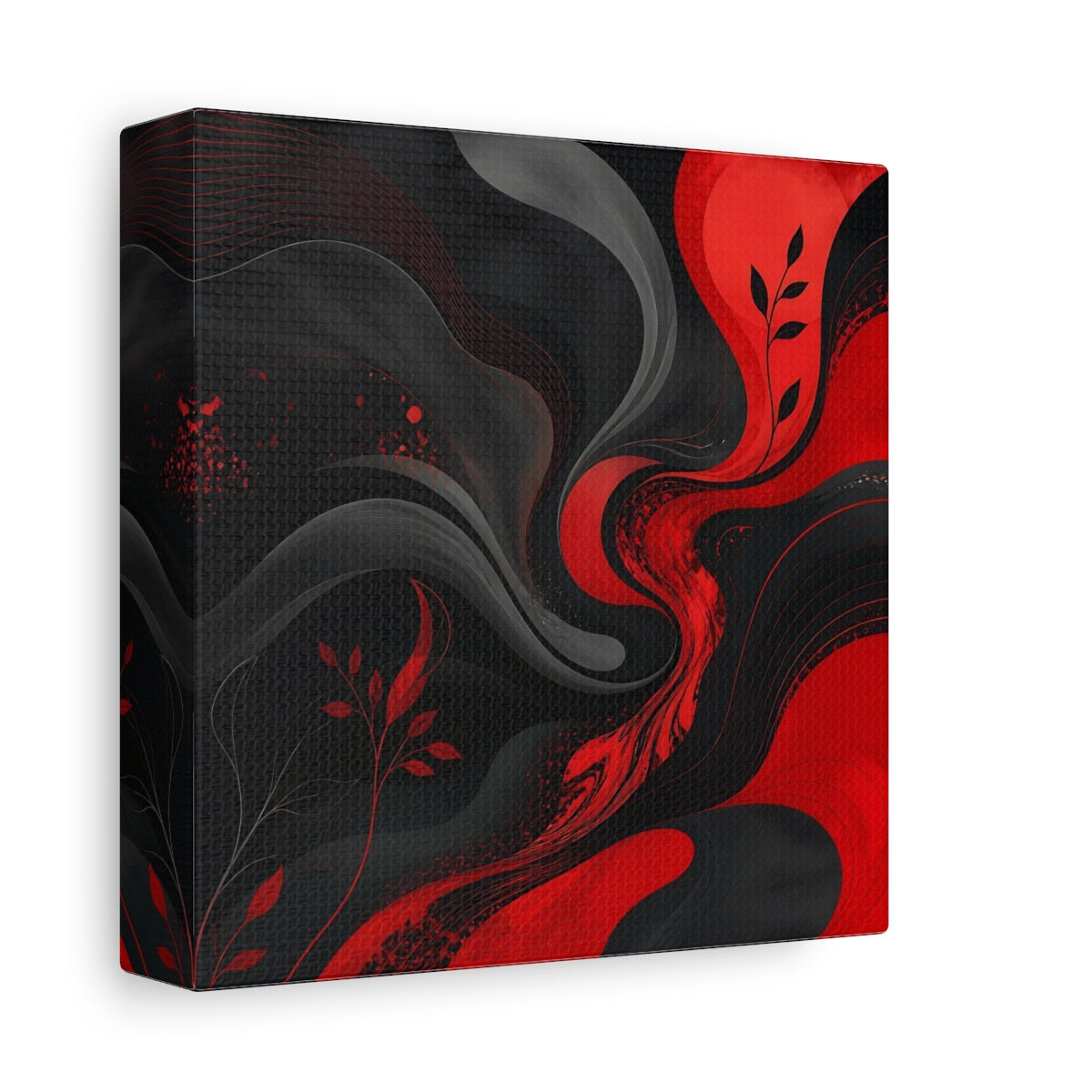 Side Mockup 2. Abstract Abstract Swirls Red Black Abstract shown as stretched canvas wall art