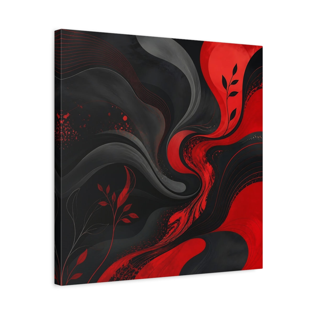 Side Mockup 5. Abstract Abstract Swirls Red Black Abstract shown as stretched canvas wall art