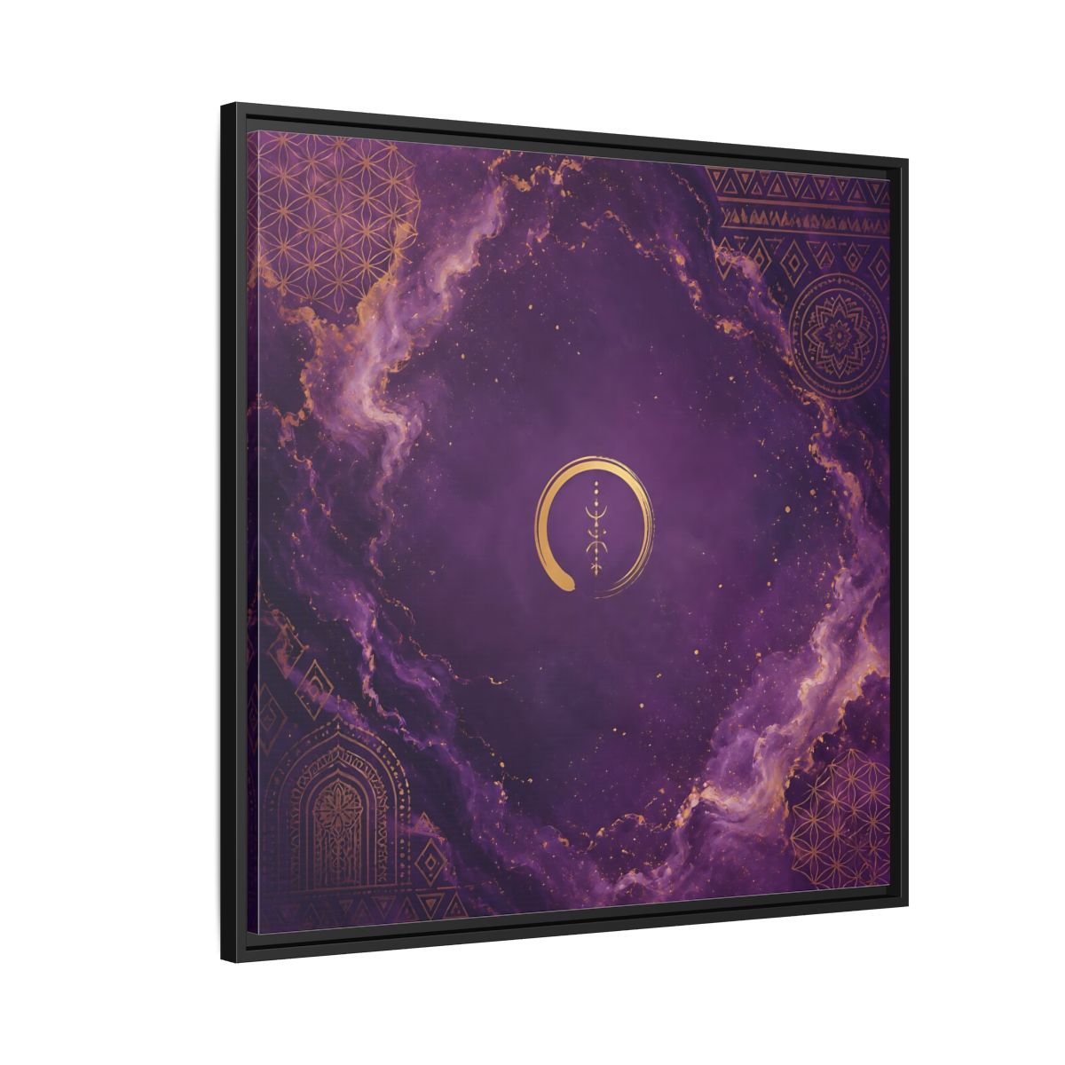 Side Mockup 9. Abstract Abstract Symbol Purple And Gold shown as stretched canvas wall art