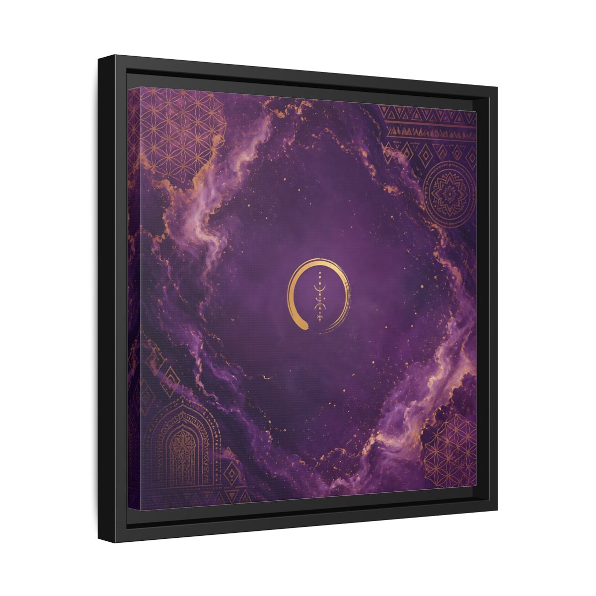 Side Mockup 32. Abstract Abstract Symbol Purple And Gold shown as stretched canvas wall art