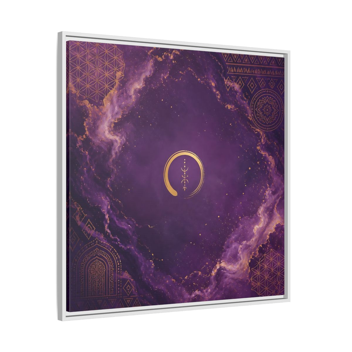 Side Mockup 25. Abstract Abstract Symbol Purple And Gold shown as stretched canvas wall art