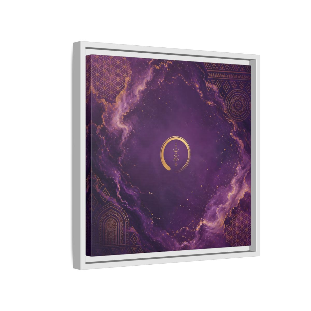 Side Mockup 13. Abstract Abstract Symbol Purple And Gold shown as stretched canvas wall art