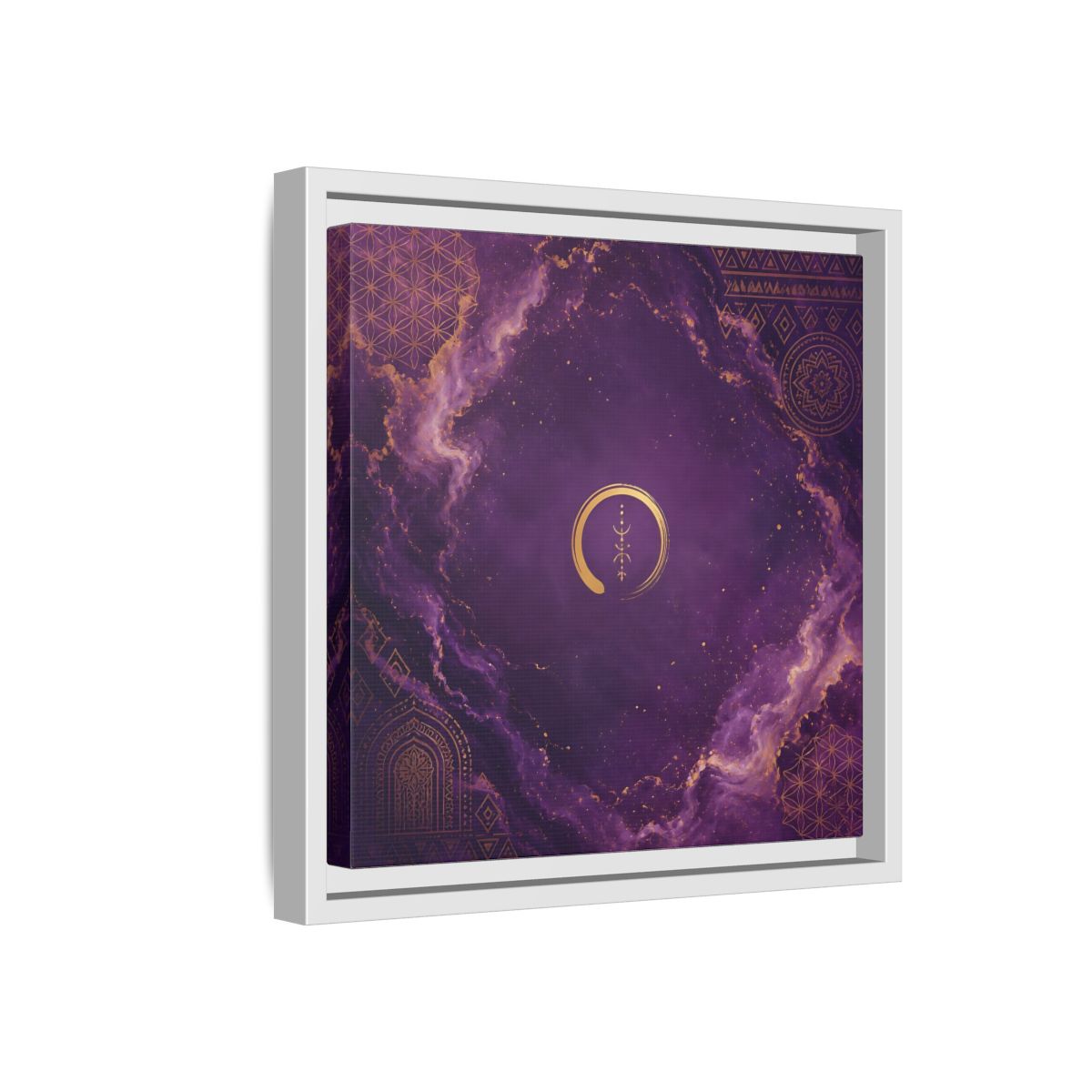 Side Mockup 16. Abstract Abstract Symbol Purple And Gold shown as stretched canvas wall art